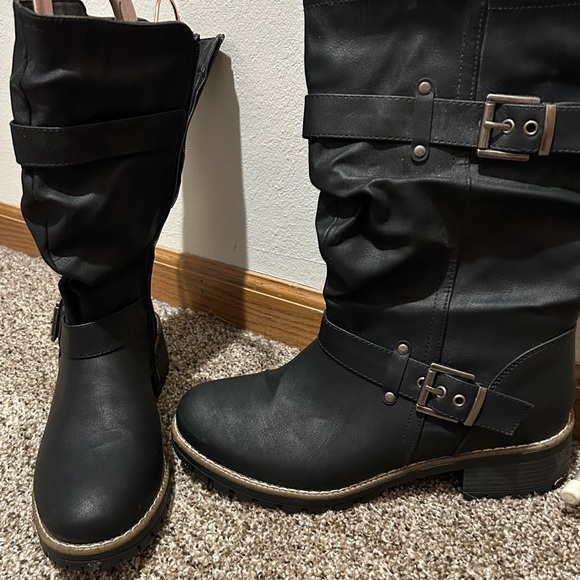 Global Win Shoes - Global Win Black Moto Wide Calf Boots with Buckle Accents